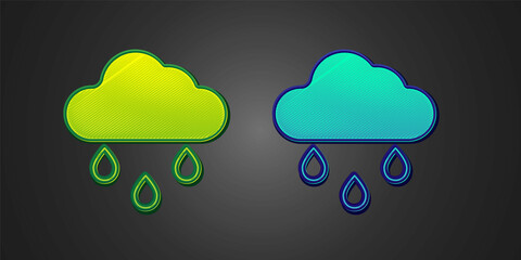 Green and blue Cloud with rain icon isolated on black background. Rain cloud precipitation with rain drops. Vector