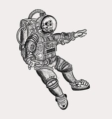 Traje de astronauta  con calavera en su interior y sobre fondo blanco. Astronaut suit with skull inside on white background © preysler