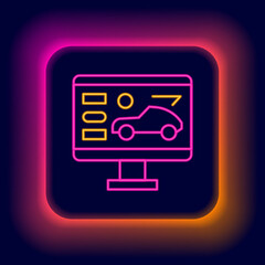 Glowing neon line Hardware diagnostics condition of car icon isolated on black background. Car service and repair parts. Colorful outline concept. Vector