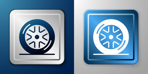 Fototapeta premium White Car wheel icon isolated on blue and grey background. Silver and blue square button. Vector