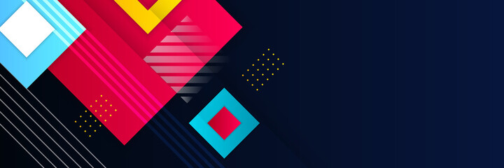 Colorful blue red and yellow glossy squares abstract tech banner design. Geometric vector background. Banner web design template dynamic pattern diagonal stripes line elements on blue background