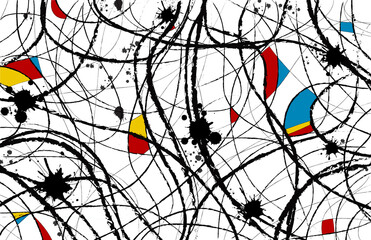 Abstract art background. Wavy brushstrokes, ink splashes and shapes in primary colors.