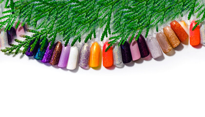 Layout of shiny New Year's nail polish samples and green tea branch with space for text, copyspace....