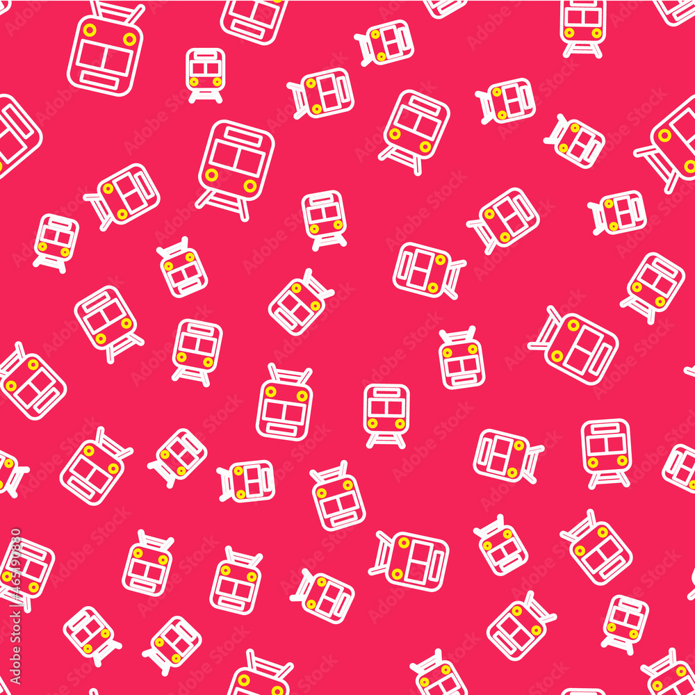 Poster line train and railway icon isolated seamless pattern on red background. public transportation symbo