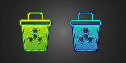 Green and blue Infectious waste icon isolated on black background. Tank for collecting radioactive waste. Dumpster or container. Biohazardous substances. Vector