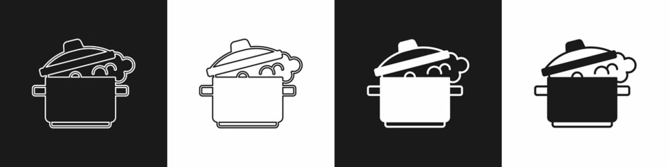 Set Cooking pot icon isolated on black and white background. Boil or stew food symbol. Vector