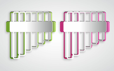 Paper cut Pan flute icon isolated on grey background. Traditional peruvian musical instrument. Folk instrument from Peru, Bolivia and Mexico. Paper art style. Vector