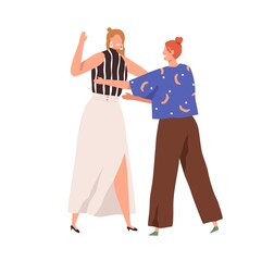 Happy people friends meeting and moving toward each other. Girlfriends greetings and emotional warm hugs. Female friendship and reunion concept. Flat vector illustration isolated on white background