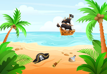 Pirates Island Treasure Cartoon - obrazy, fototapety, plakaty