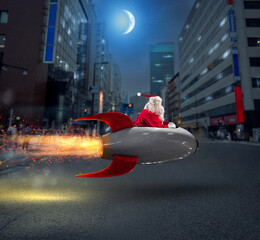 Santa claus delivers gifts with a fast space rocket