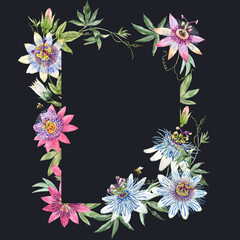Beautiful floral frame with hand drawn watercolor passionflowers. Stock 2022 illustration.