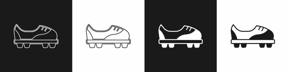 Set Football shoes icon isolated on black and white background. Soccer boots. Sport football foot protection. Vector