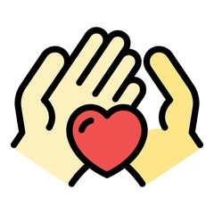 Obraz premium Heart hand care icon. Outline heart hand care vector icon color flat isolated