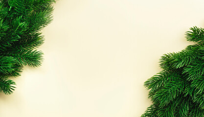 Fototapeta na wymiar Christmas and New Year background with green spruce branches, white banner, top view, copy space