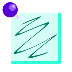 Cyan paper note with scribble and purple paper pin