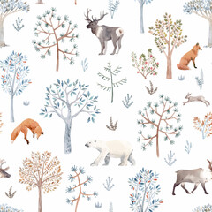 Beautiful vector winter seamless pattern with hand drawn watercolor cute trees and forest bear fox deer animals. Stock illustration. - 465191875