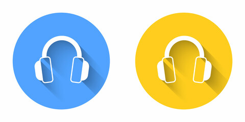 White Headphones icon isolated with long shadow background. Earphones. Concept for listening to music, service, communication and operator. Circle button. Vector