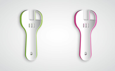 Paper cut Adjustable wrench icon isolated on grey background. Paper art style. Vector