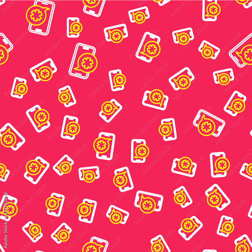Poster line emergency mobile phone call to hospital icon isolated seamless pattern on red background. vecto