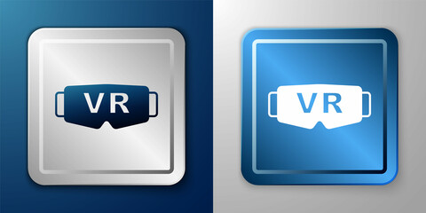 White Virtual reality glasses icon isolated on blue and grey background. Stereoscopic 3d vr mask. Optical head mounted display. Silver and blue square button. Vector