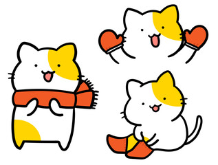 防寒具を装着するかわいいねこのキャラクターの手書き風イラスト