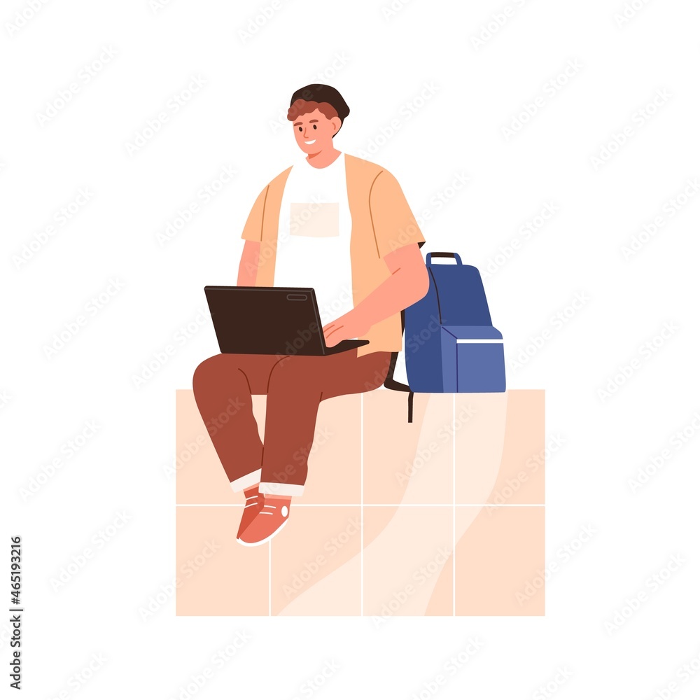 Poster student with laptop on knees and backpack. happy young man sit and surf internet with computer, lear