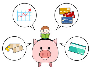 豚の貯金箱の上に座ってお金の勉強をする男の子