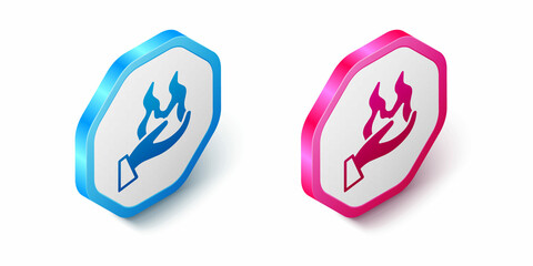 Isometric Hand holding a fire icon isolated on white background. Hexagon button. Vector