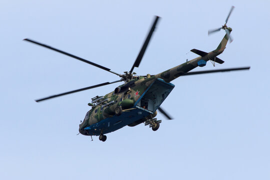 Vladivostok, Russia - September,18,2018: The Russian military transport and assault helicopter Mi-8 AMTSH "Terminator" at the army exercises.