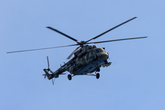 Vladivostok, Russia - September,18,2018: The Russian military transport and assault helicopter Mi-8 AMTSH "Terminator" at the army exercises.
