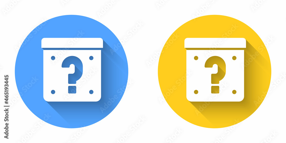 Poster white mystery box or random loot box for games icon isolated with long shadow background. question m