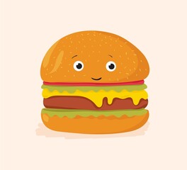 Funny burger with happy face. Cute hamburger with eyes and smile. Fast food character, sweet cheeseburger with bun head, mustard sauce and meat. Flat cartoon vector illustration of fastfood