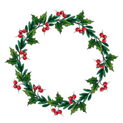 christmas watercolor wreath of holly branches on a white background.