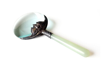 A magnifying glass to enlarge the vision with a metal handle and the handle is a light green jade...