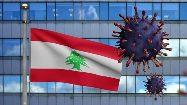 3D, Lebanese flag waving with modern skyscraper city and coronavirus outbreak as dangerous flu. Influenza type Covid 19 virus with national Lebanon banner blowing background. Pandemic risk concept