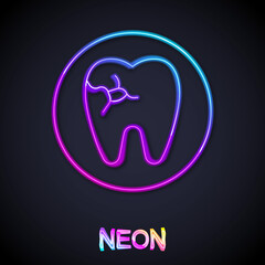 Glowing neon line Tooth with caries icon isolated on black background. Tooth decay. Vector