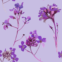 Obraz na płótnie Canvas Purple wildflowers branches watercolor isolated on lught purple background seamless pattern for all prints.