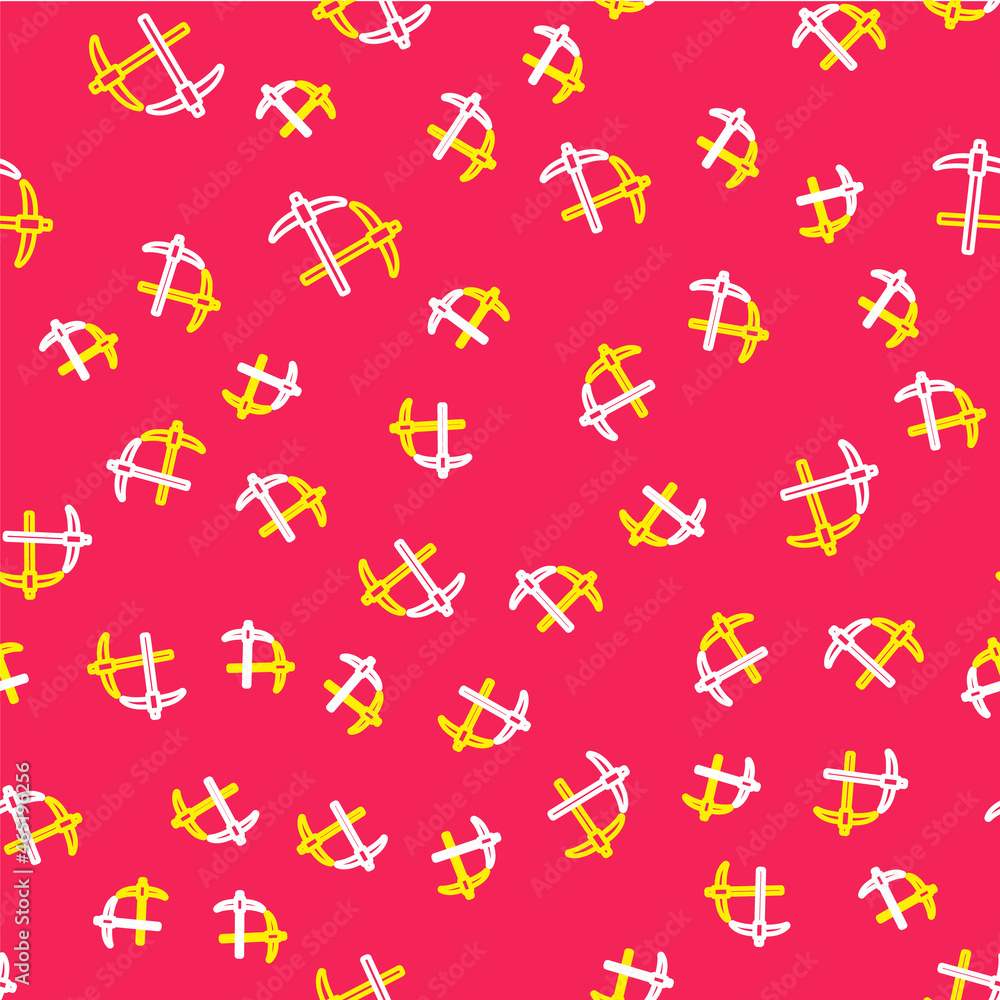 Poster Line Pickaxe icon isolated seamless pattern on red background. Vector