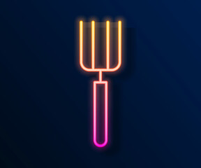 Glowing neon line Garden pitchfork icon isolated on black background. Garden fork sign. Tool for horticulture, agriculture, farming. Vector