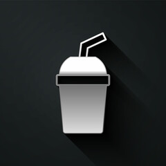 Silver Paper glass with drinking straw and water icon isolated on black background. Soda drink glass. Fresh cold beverage symbol. Long shadow style. Vector