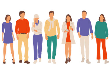 Obraz premium Set of young men and women, different colors, cartoon character, group of silhouettes of standing business people, students, the design concept of flat icon, isolated on white background