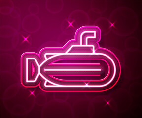 Glowing neon line Submarine icon isolated on red background. Military ship. Vector
