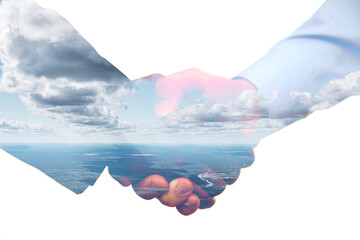 Ethical environmental global business concept. Sky clouds over horizon seen through handshake deal on white background.