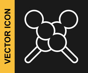 White line Meatballs on wooden stick icon isolated on black background. Skewer with meat. Vector