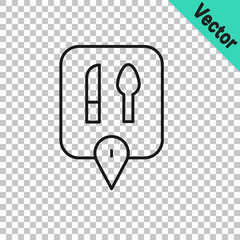 Black line Cafe and restaurant location icon isolated on transparent background. Knife and spoon eatery sign inside pinpoint. Vector.