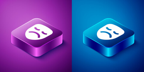 Isometric Drama theatrical mask icon isolated on blue and purple background. Square button. Vector