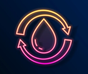 Glowing neon line Recycle clean aqua icon isolated on black background. Drop of water with sign recycling. Vector