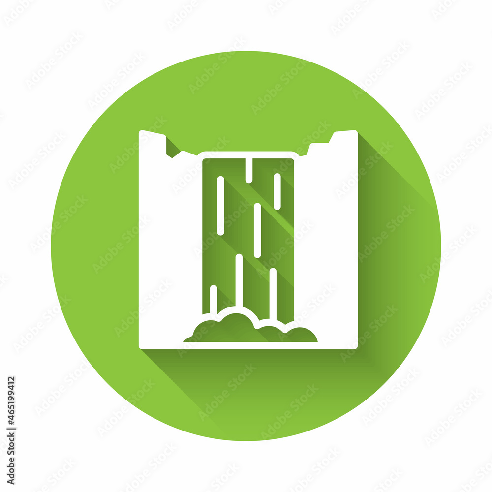 Poster white waterfall icon isolated with long shadow background. green circle button. vector