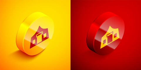 Isometric Tourist tent icon isolated on orange and red background. Camping symbol. Circle button. Vector