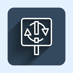 White line Recycle symbol icon isolated with long shadow background. Circular arrow icon. Environment recyclable go green. Blue square button. Vector